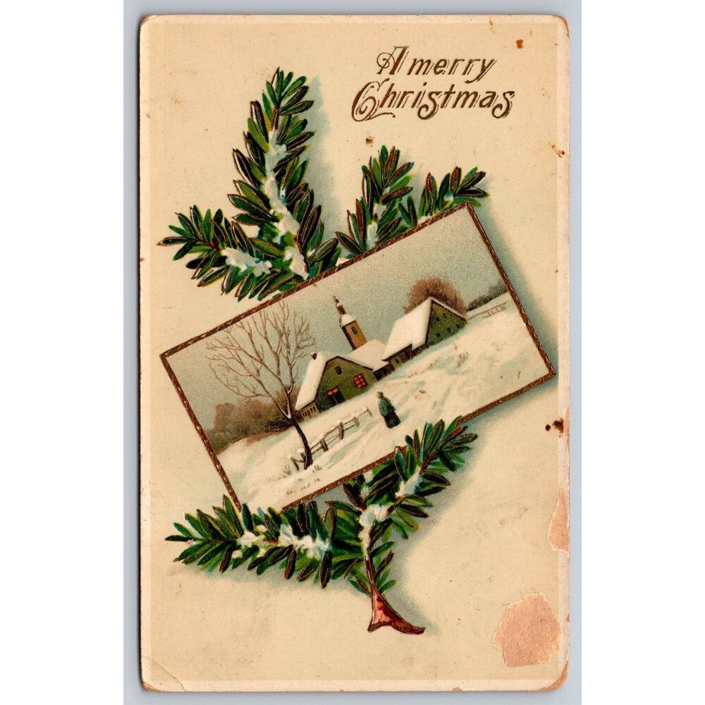 Antique Postcard Merry Christmas Winter Scene Gold Trim Posted 1914 Embossed MD